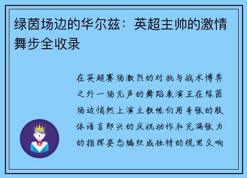 绿茵场边的华尔兹：英超主帅的激情舞步全收录