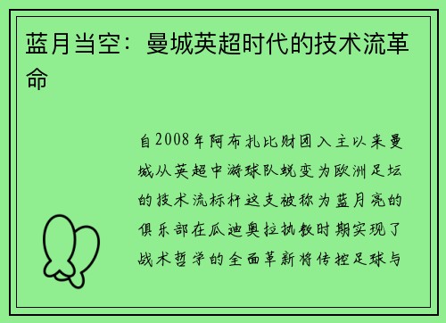 蓝月当空：曼城英超时代的技术流革命
