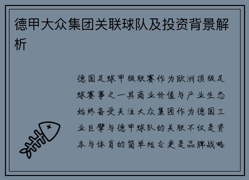 德甲大众集团关联球队及投资背景解析