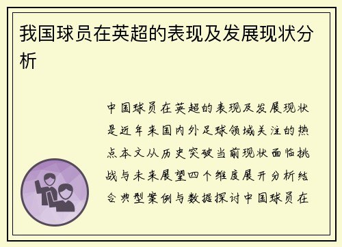 我国球员在英超的表现及发展现状分析